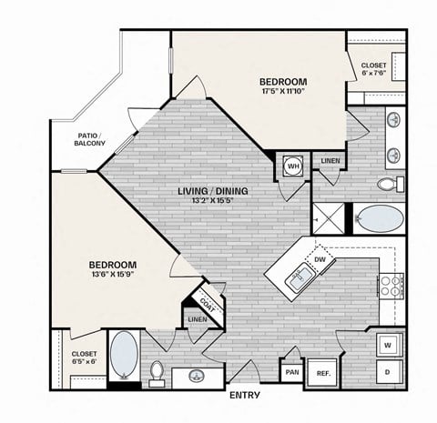 Floor plan for 2 beds, 2 baths, 1152 sqft
